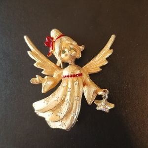 MYLU Gold Tone Rhinestone Angel with Dangling Star Brooch